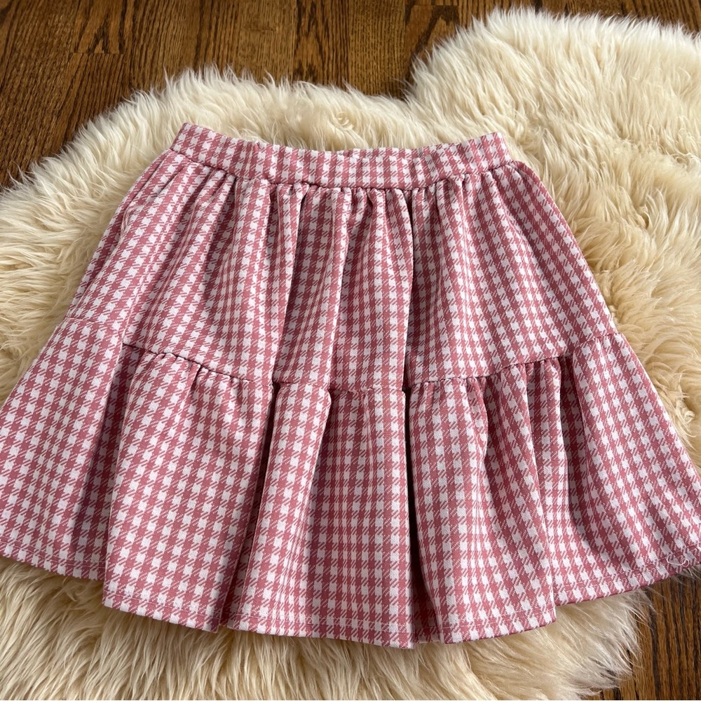 Livi pink plaid mini ruffle skirt